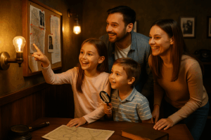 Famille avec enfants en train de jouer dans un escape game à Paris