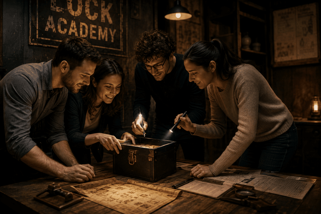 Groupe de joueurs en pleine session d'escape game immersif à Paris — Lock Academy